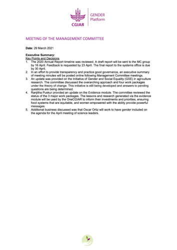 CGIAR GENDER Platform management committee meeting minutes, 29 March 2021