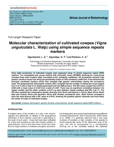 Molecular characterization of cultivated cowpea (Vigna unguiculata L. Walp) using simple sequence repeats markers