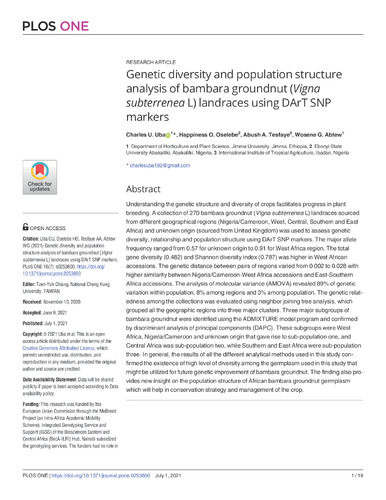 Genetic diversity and population structure analysis of bambara groundnut (Vigna subterrenea L) landraces using DArT SNP markers