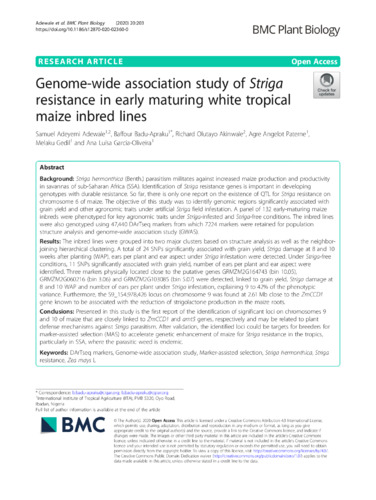Genome-wide association study of Striga resistance in early maturing white tropical maize inbred lines