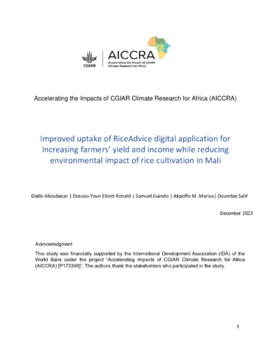 Improved uptake of RiceAdvice digital application for increasing farmers’ yield and income while reducing environmental impact of rice cultivation in Mali