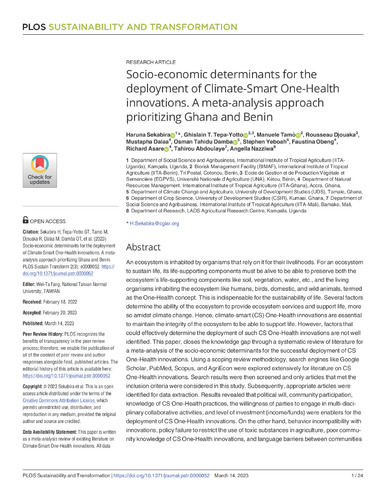 Socio-economic determinants for the deployment of Climate-Smart One-Health innovations. A meta-analysis approach prioritizing Ghana and Benin