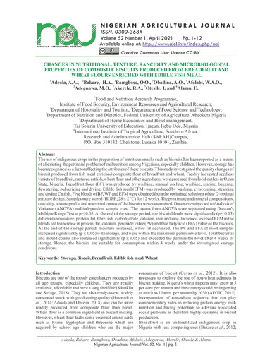 Changes in nutritional, texture, rancidity and microbiological properties of composite biscuits produced from breadfruit and wheat flours enriched with edible fish meal