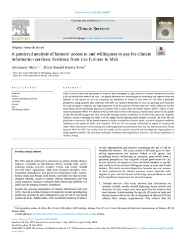 A gendered analysis of farmers’ access to and willingness to pay for climate information services: Evidence from rice farmers in Mali