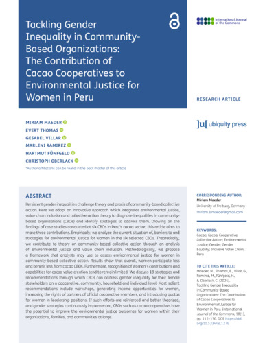 Tackling gender inequality in community-based organizations: The contribution of cacao cooperatives to environmental justice for women in Peru