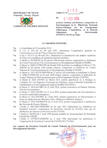 Arrêté N 0151/PM du 21 Octobre 2019 portant création, attribution, composition et fonctionnement de la Plateforme Nationale Science-Politique sur les Changements Climatiques, l'Agriculture, la Sécurité Alimentaire et Nutritionnelle (PNSP/CCASAN) au Niger.