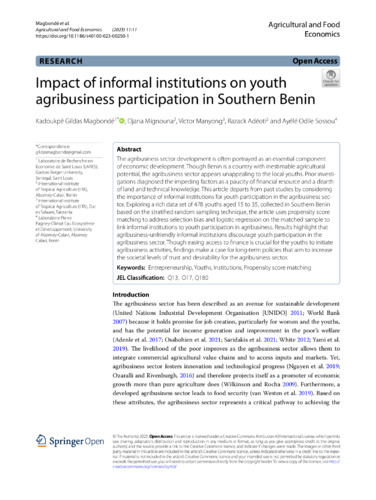 Impact of informal institutions on youth agribusiness participation in southern Benin