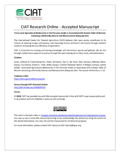 Farm-Level Agricultural Biodiversity in the Peruvian Andes Is Associated with Greater Odds of Women Achieving a Minimally Diverse and Micronutrient Adequate Diet