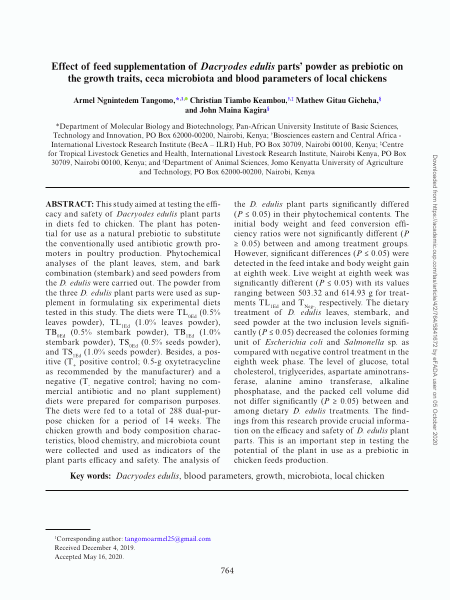 Effect of feed supplementation of Dacryodes edulis parts’ powder as prebiotic on the growth traits, ceca microbiota and blood parameters of local chickens