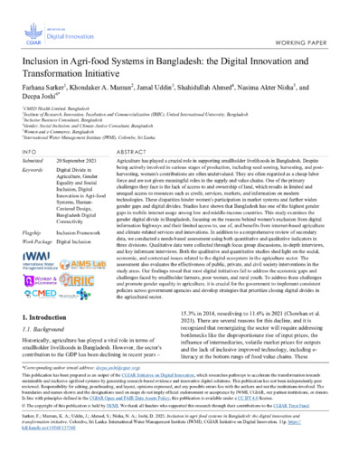 Inclusion in agri-food systems in Bangladesh: the digital innovation and transformation initiative