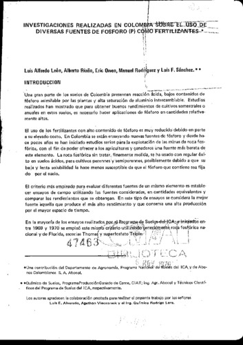 Investigaciones realizadas en Colombia sobre el uso de diversas fuentes de fósforo (P) como fertilizantes