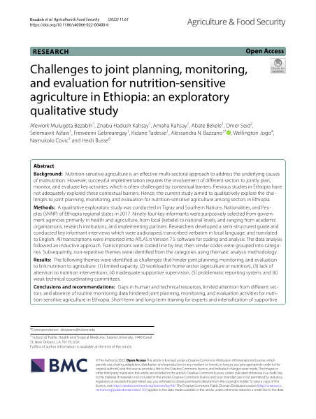 Challenges to joint planning, monitoring, and evaluation for nutrition-sensitive agriculture in Ethiopia: an exploratory qualitative study