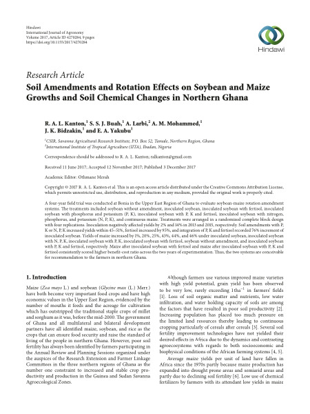 Soil amendments and rotation effects on soybean and maize growths and soil chemical changes in northern Ghana