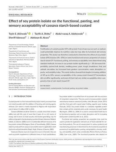 Effect of soy protein isolate on the functional, pasting, and sensory acceptability of cassava starch-based custard