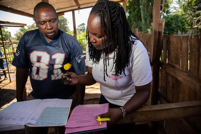 Dairy entrepreneur John Ngasha with Lydia Kimachas from the Ministry of Agriculture, Livestock and Fisheries, Nakuru, Kenya. Photo by ILRII/ Georgina Smith