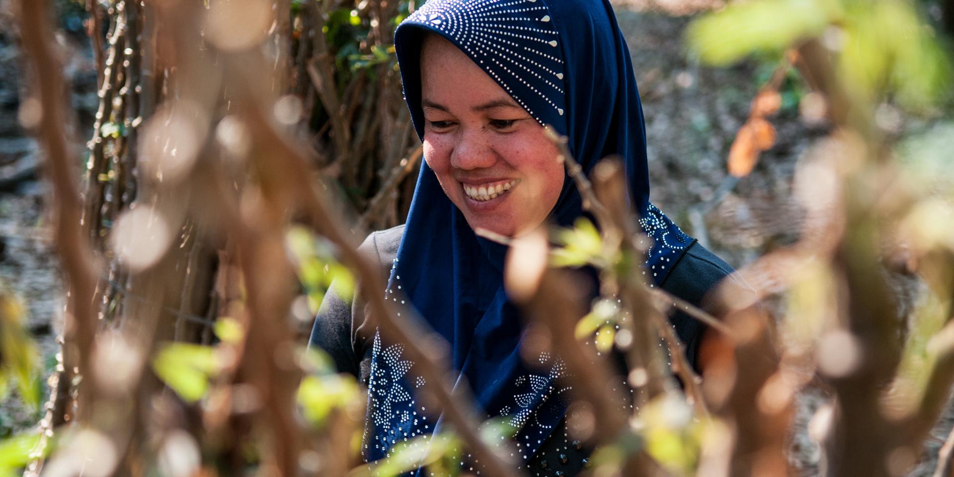 Cassava farmer inspects her crop in Kratie, Cambodia.