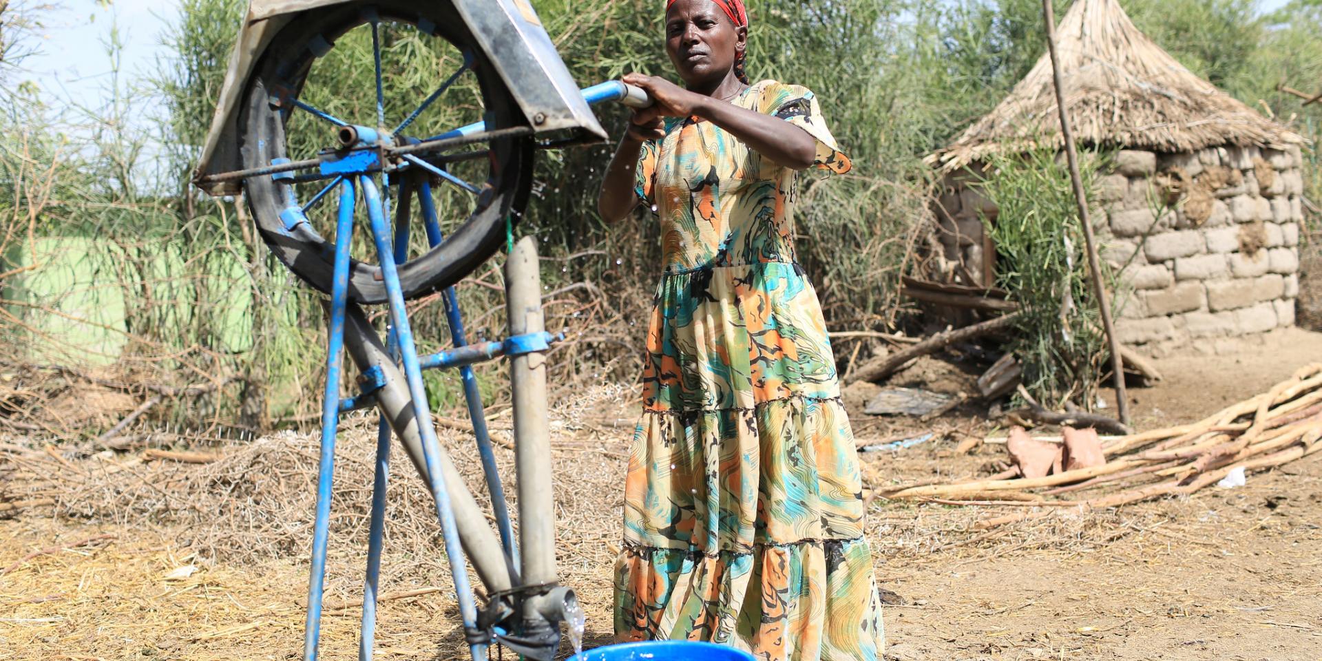 Woman fetching water from a borehole