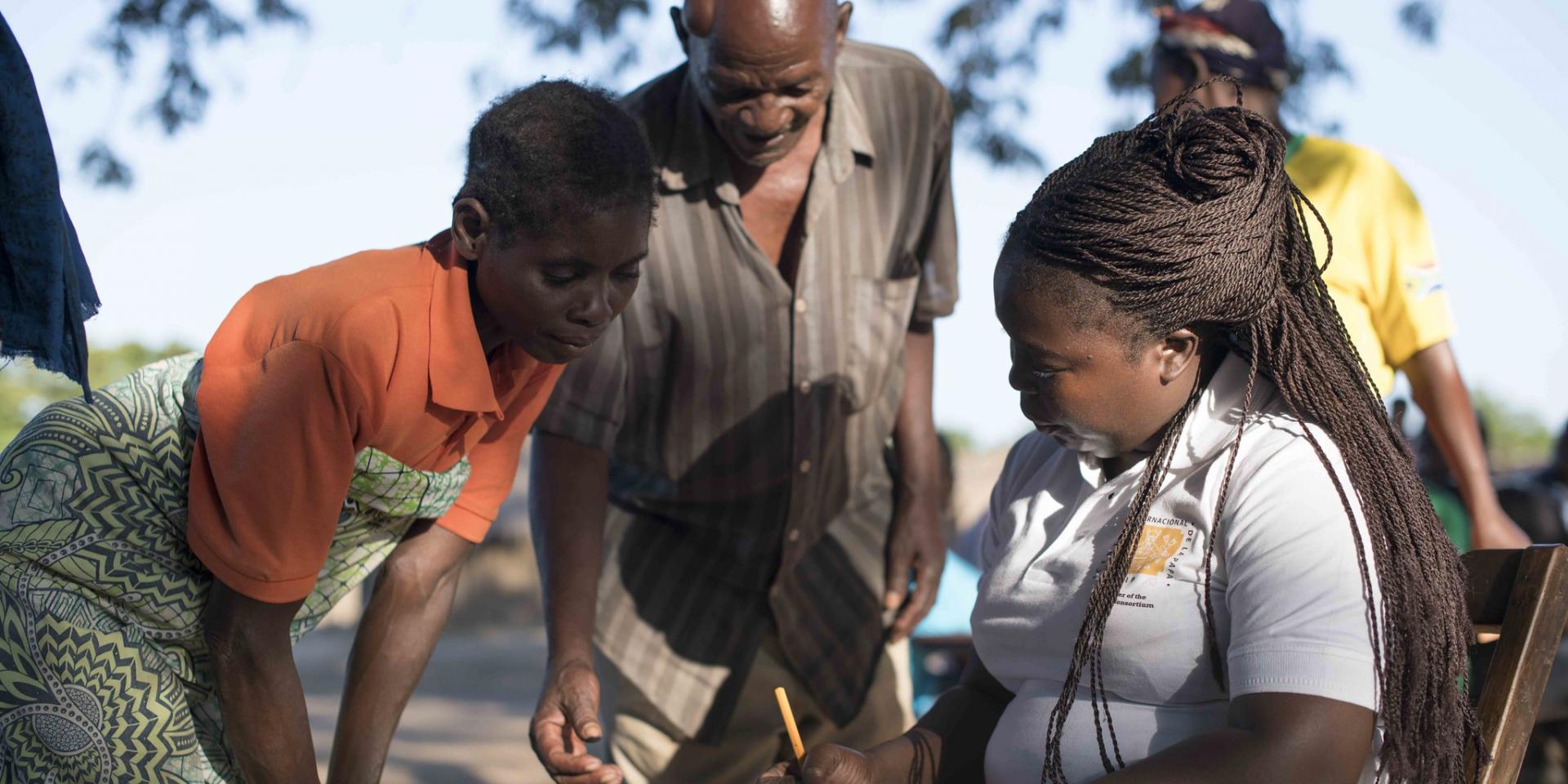 CIP Extension Officer, Frida Nyondo, dsitributes OFSP vines to beneficiaries from Nsanje in the South of Malawi. The International Potato Center has supported 222,000 households in Malawi with disease-free vines of orange-fleshed sweetpotato.     Photo: Hugh Rutherford for CIP