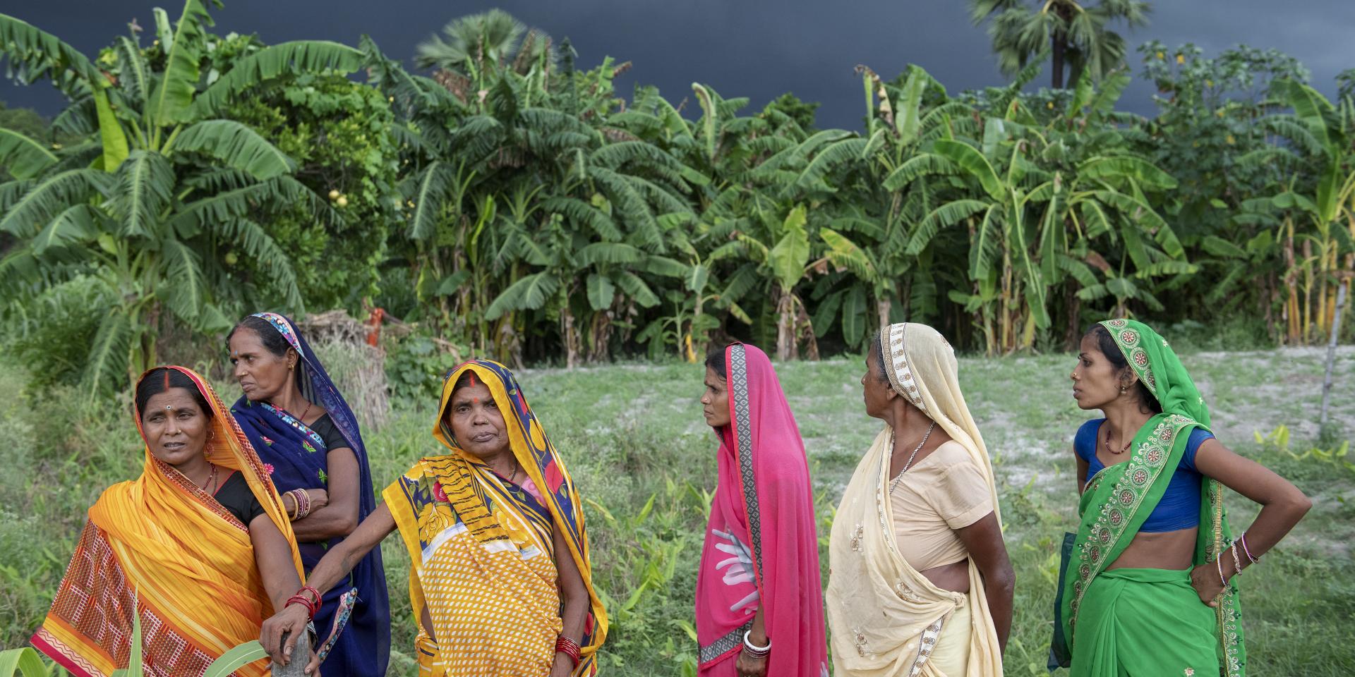 Women farmers walk across a field in front of a blackened rainy sky