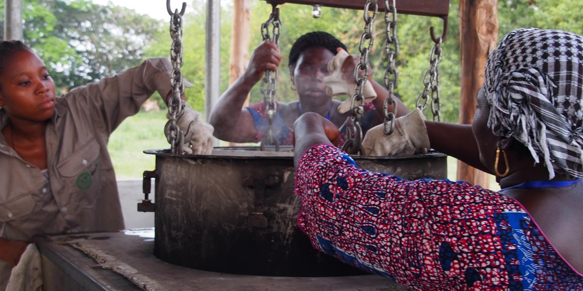 Women parboiling rice in Benin