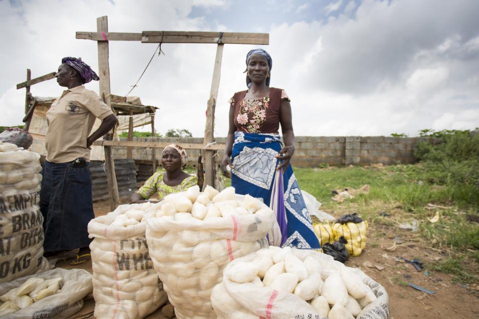 Woman sells fufu in a marketplace, Abuja - a staple food of many African and Caribbean countries. It is often made with a flour made from the cassava plant. Photo: Milo Mitchell/IFPRI.