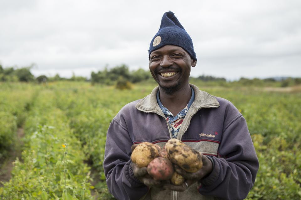 USAID-TAPP-assisted farmer, Huruma Tweve, showing one of three varieties of Irish potatoes he grows in a village close to Iringa, Tanzania.