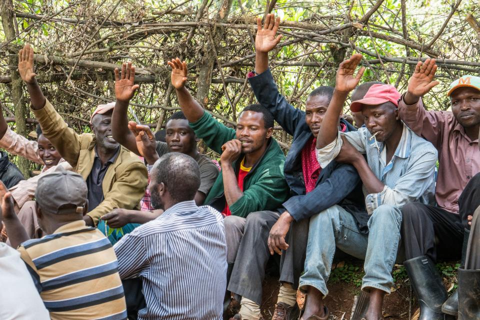 Men take a pledge towards Mau Forest restoration initiatives in Kenya. Photo: Patrick Shepherd/CIFOR