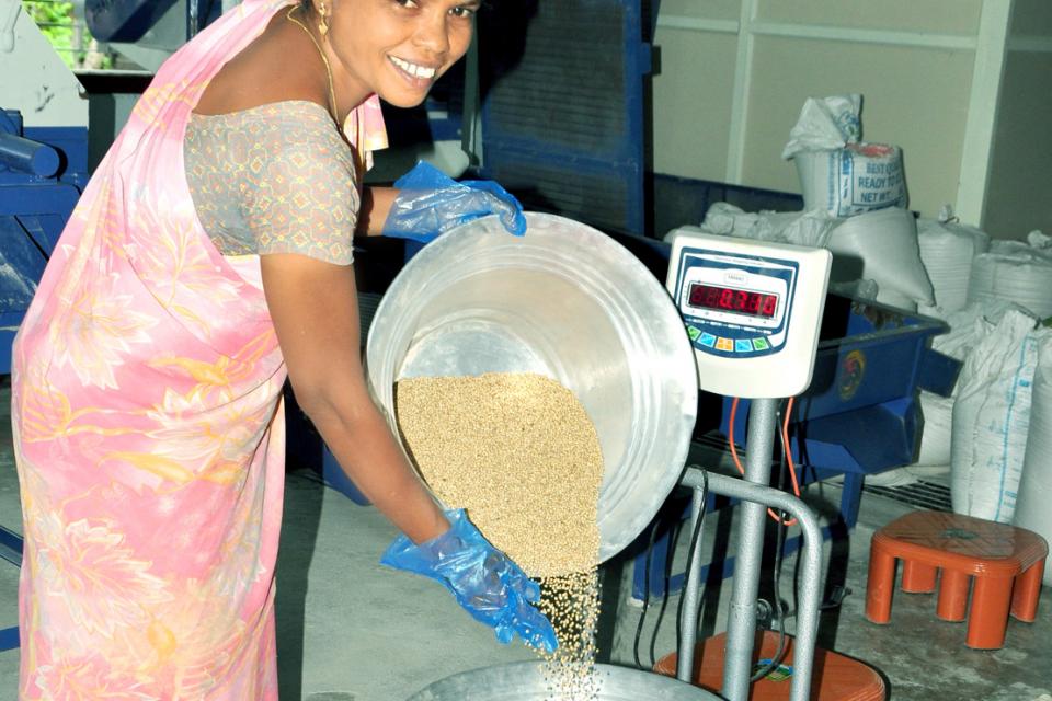 Woman entrepreneur weighing millet in South India