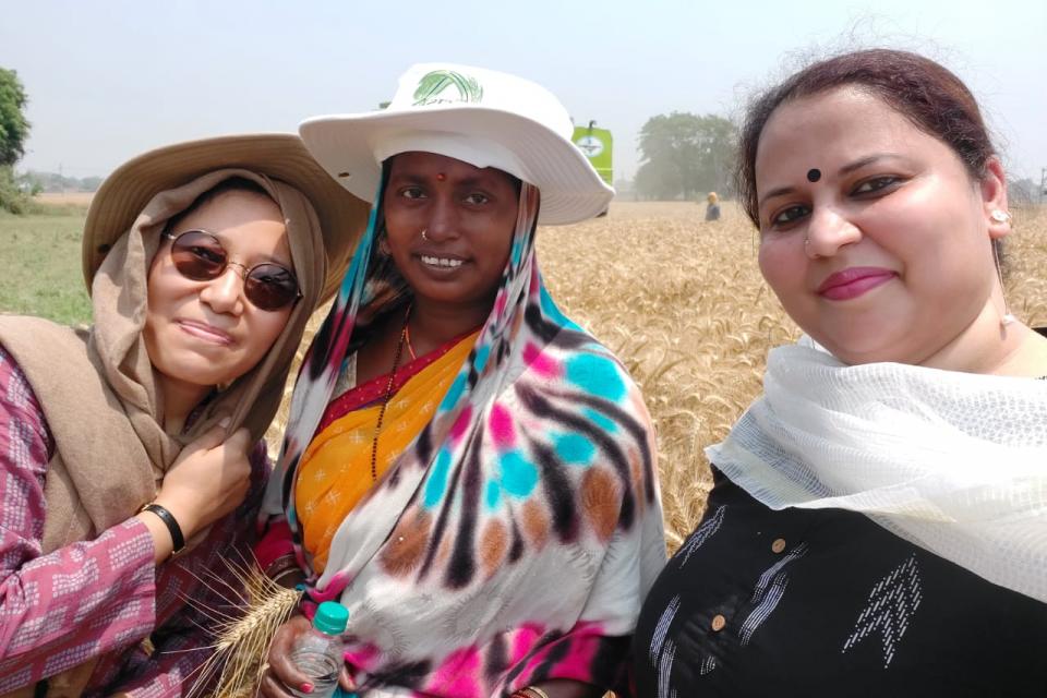 Women participate in a public harvest event for timely sown wheat organized by the Cereal Systems Initiative for South Asia (CSISA) project with Krishi Vigyan Kendra (KVK) in in Nagwa village near Patna in Bihar, India.