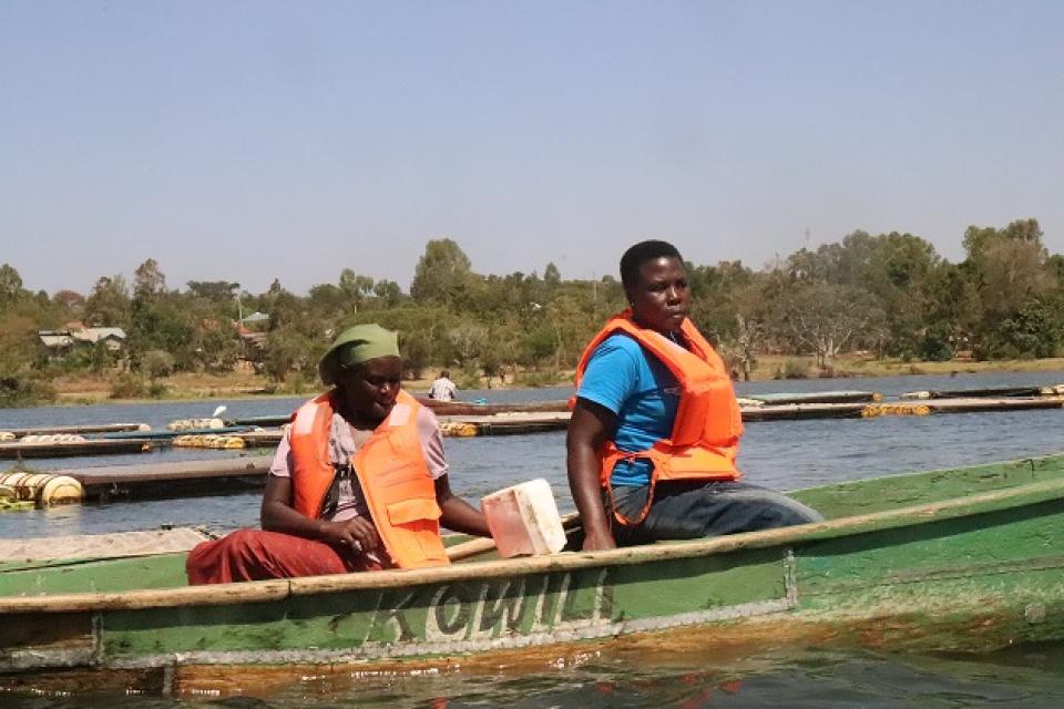 Women feeding fish in the cages in Lake at Dunga Beach, Kisumu County