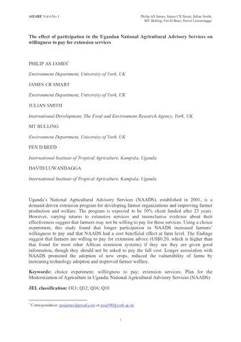 The effect of participation in the Ugandan National Agricultural Advisory Services on willingness to pay for extension services