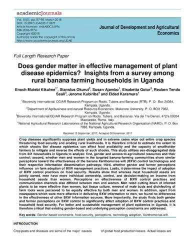 Does gender matter in effective management of plant disease epidemics? Insights from a survey among rural banana farming households in Uganda