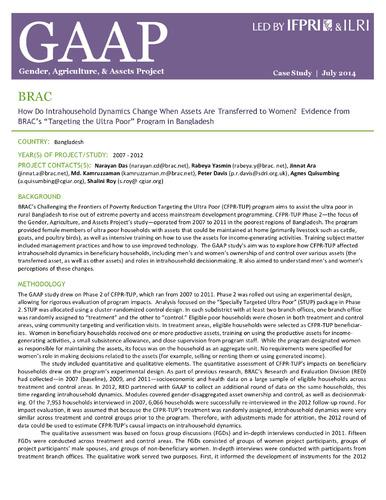 How do intrahousehold dynamics change when assets are transferred to women? Evidence from BRAC’s “Targeting the Ultra Poor” program in Bangladesh