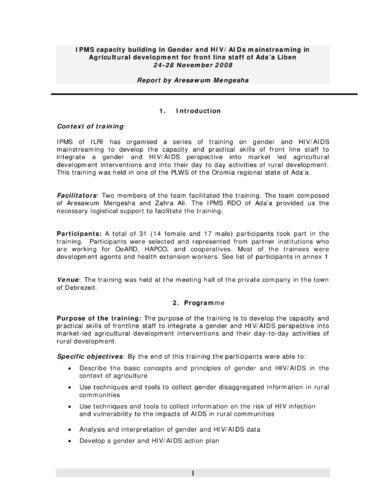 Report of the IPMS capacity building workshop on gender and HIV/AIDS mainstreaming in agricultural development for frontline staff, Ada’a Liben PLW, 24-28 November 2008