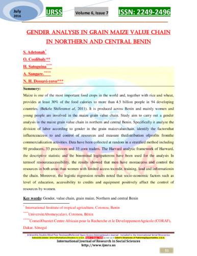 Gender analysis in grain maize value chain in Northern and Central Benin