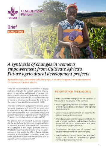 A synthesis of changes in women's empowerment from Cultivate Africa's Future agricultural development projects