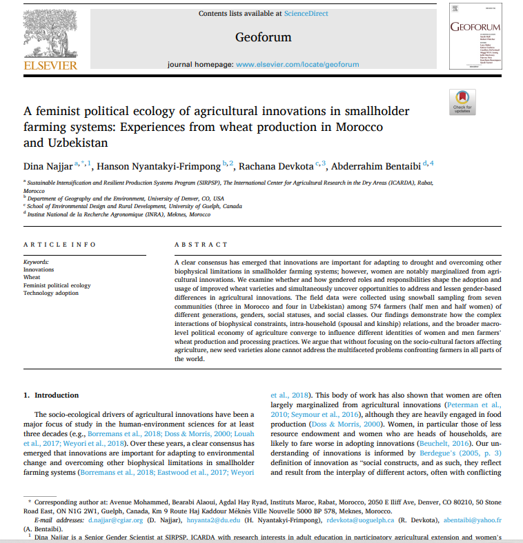 A feminist political ecology of agricultural innovations in smallholder farming systems: Experiences from wheat production in Morocco and Uzbekistan