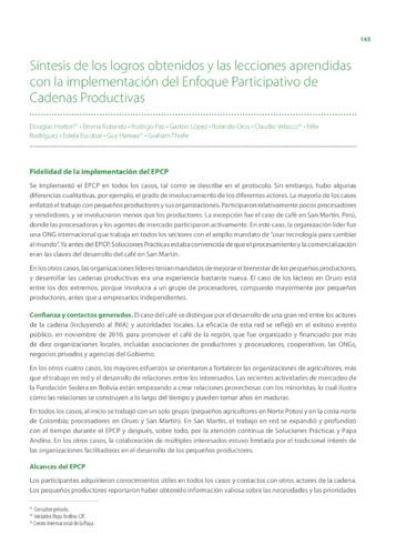 Sintesis de los logros obtenidos y las lecciones aprendidas con la implementacion del Enfoque Participativo de Cadenas Productivas.