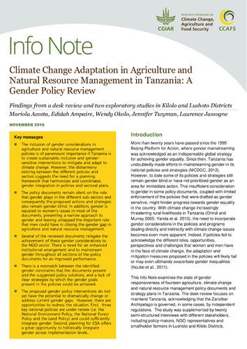 Climate Change Adaptation in Agriculture and Natural Resource Management in Tanzania: A Gender Policy Review