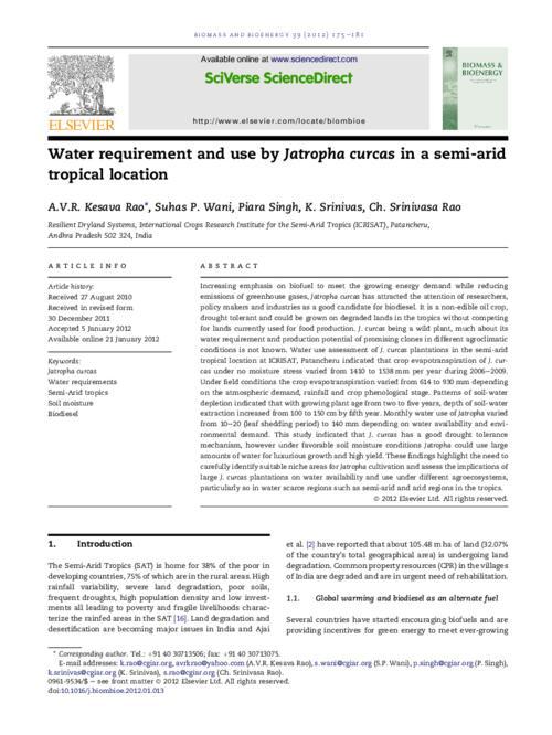 Water requirement and use by Jatropha curcas in a semi-arid tropical location