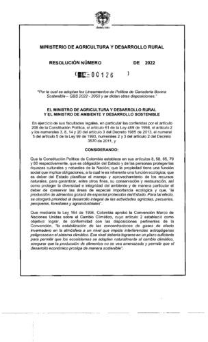 Resolución número 126 de 2022, Por la cual se adoptan los Lineamientos de Política de Ganadería Bovina Sostenible - GBS 2022 - 2050 y se dictan otras disposiciones