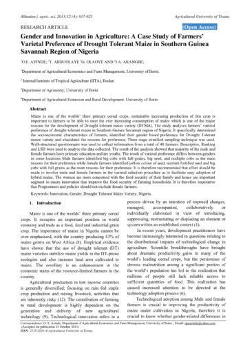 Gender and innovation in agriculture: a case study of farmers varietal preference of drought tolerant maize in southern Guinea Savannah region of Nigeria