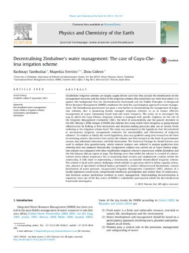 Decentralising Zimbabwe’s water management: The case of Guyu-Che- lesa irrigation scheme