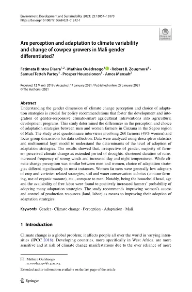 Are perception and adaptation to climate variability and change of cowpea growers in Mali gender differentiated?