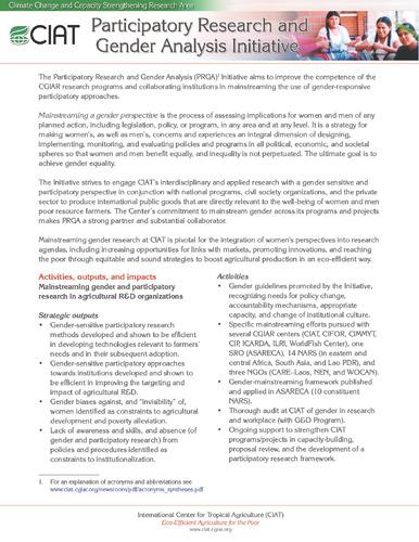 Participatory research and gender analysis initiative = Iniciativa de análisis de género e investigación participativa