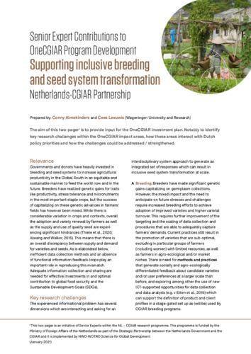 Senior Expert Contributions to One CGIAR Program Development. Supporting inclusive breeding and seed system transformation. Netherlands-CGIAR Partnership.