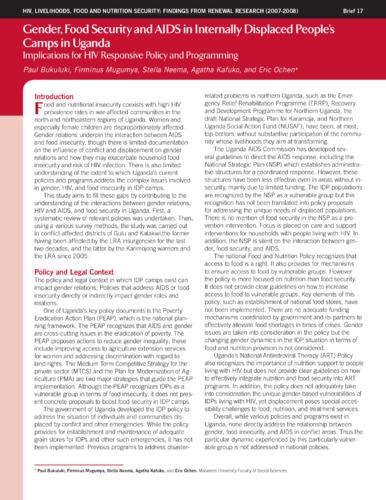 Gender, food security and AIDS in internally displaced people’s camps in Uganda: Implications for HIV responsive policy and programming