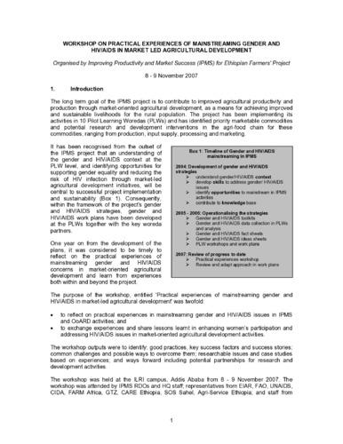 Workshop report on practical experiences of mainstreaming gender and HIV/AIDS in market led agricultural development, 8-9 November 2007