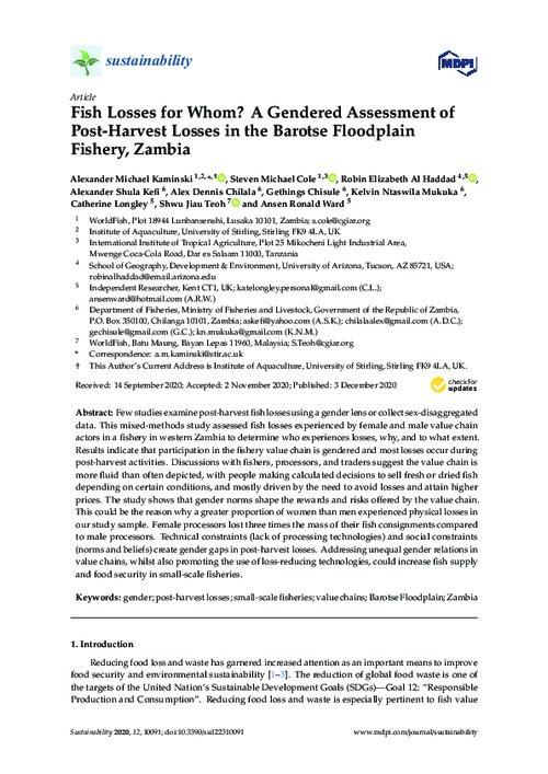 Fish losses for whom? A gendered assessment of post-harvest losses in the barotse floodplain fishery, Zambia