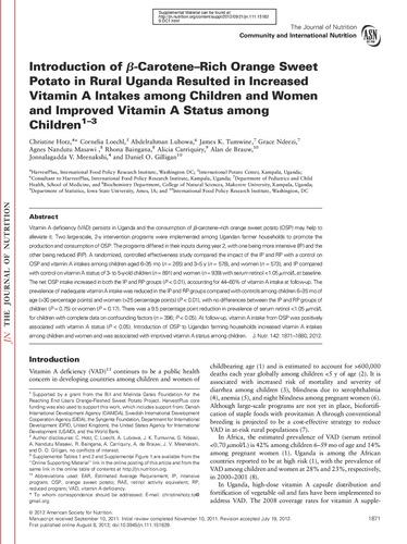 Introduction of β-Carotene–Rich Orange Sweet Potato in Rural Uganda Resulted in Increased Vitamin A Intakes among Children and Women and Improved Vitamin A Status among Children